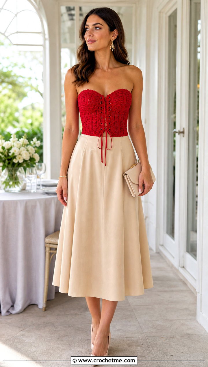 Sweetheart Ribbon Crochet Corset Top With A Line Midi Skirt - 35 crochet top with ribbon outfit ideas