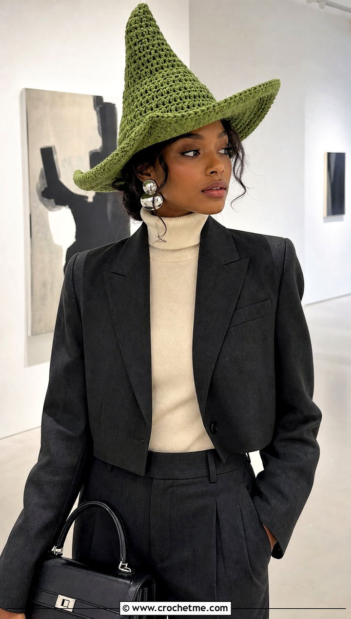 Swept Brim Crochet Elphaba Hat With Tailored Trousers - 20 Crochet Elphaba Hat outfit ideas