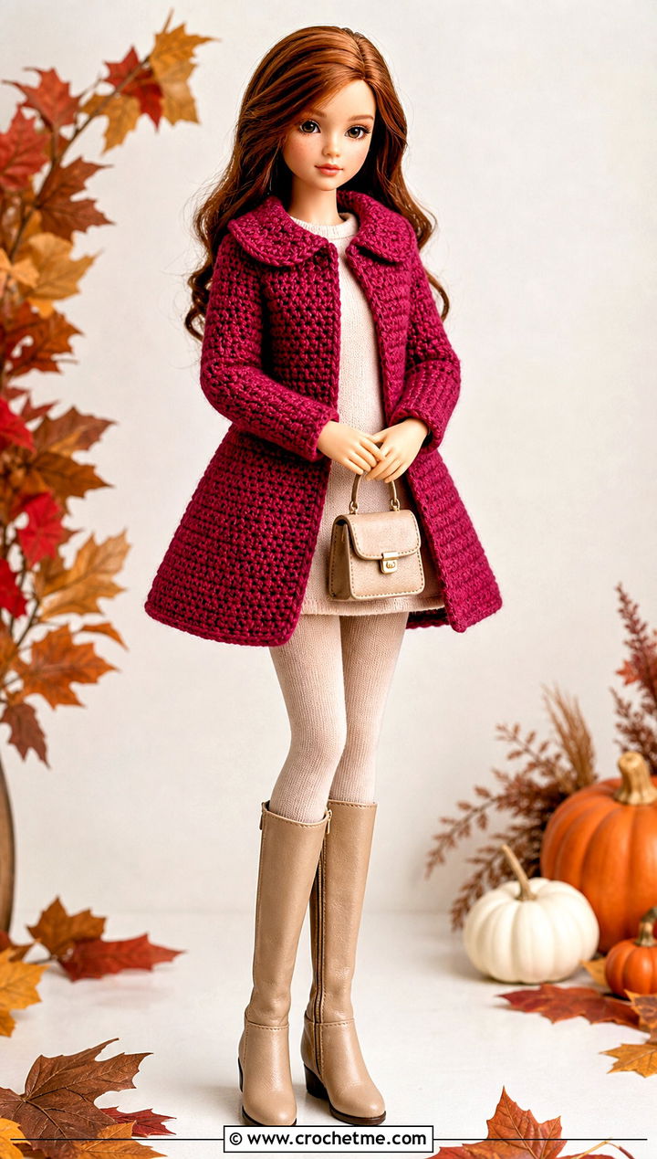 Swing Crochet Doll Coat With A Mini Dress - 30 crochet doll jacket outfit ideas