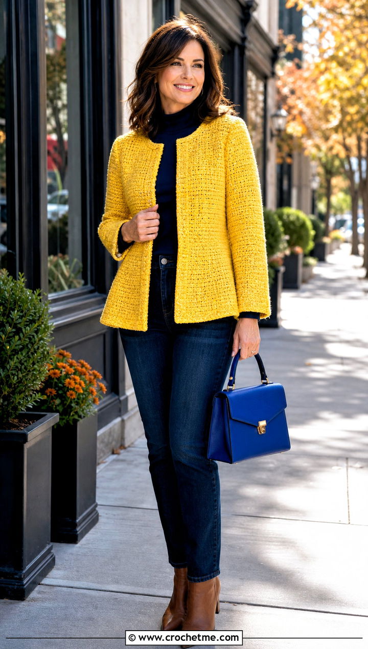 Swing Crochet Tweed Jacket With Tapered Jeans - 30 crochet tweed jacket outfit ideas