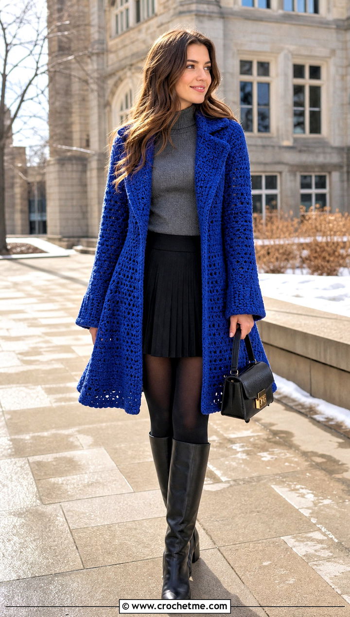 Swing Crochet Winter Coat With Pleated Mini Skirt - 20 Crochet Winter Coat outfit ideas