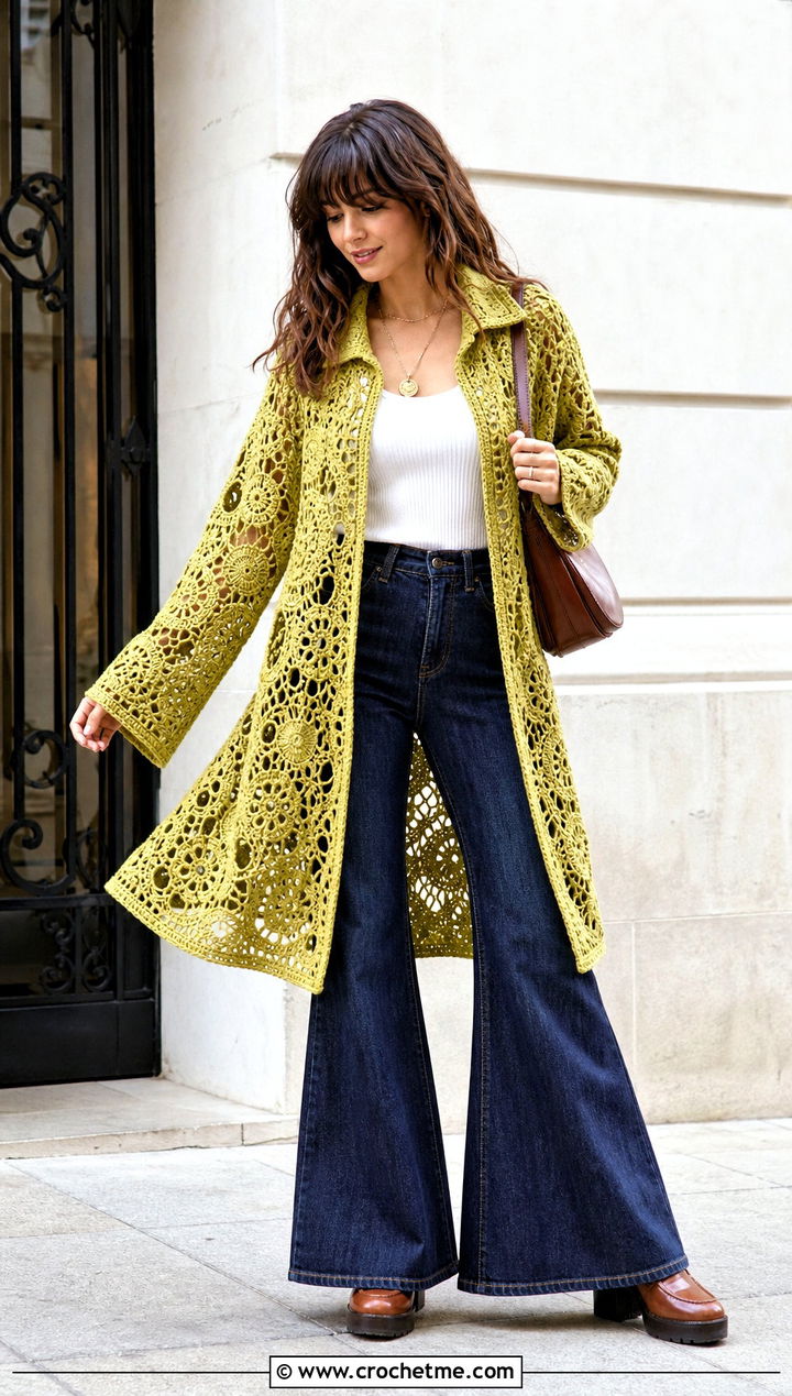 Swing Irish Crochet Coat With Flared Jeans - 25 irish crochet coat outfit ideas