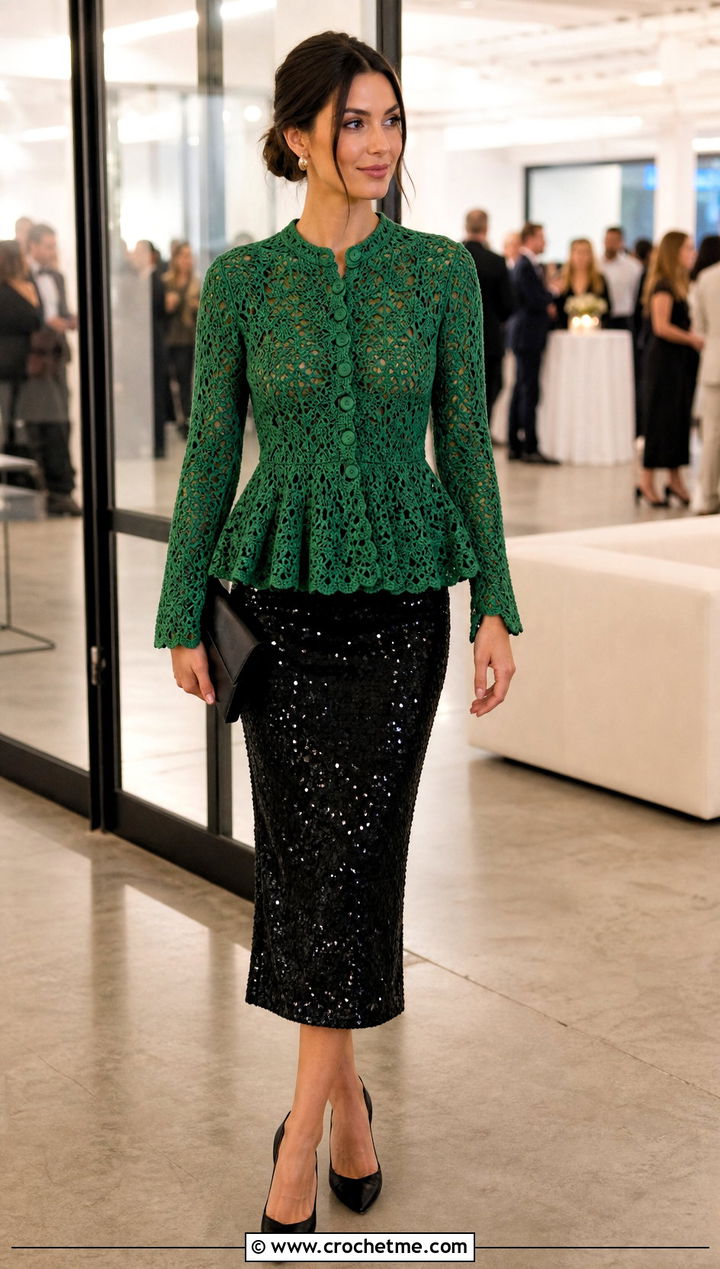 Swing Peplum Crochet Cardigan With Sequin Midi Skirt - 25 Crochet Peplum Cardigan outfit ideas