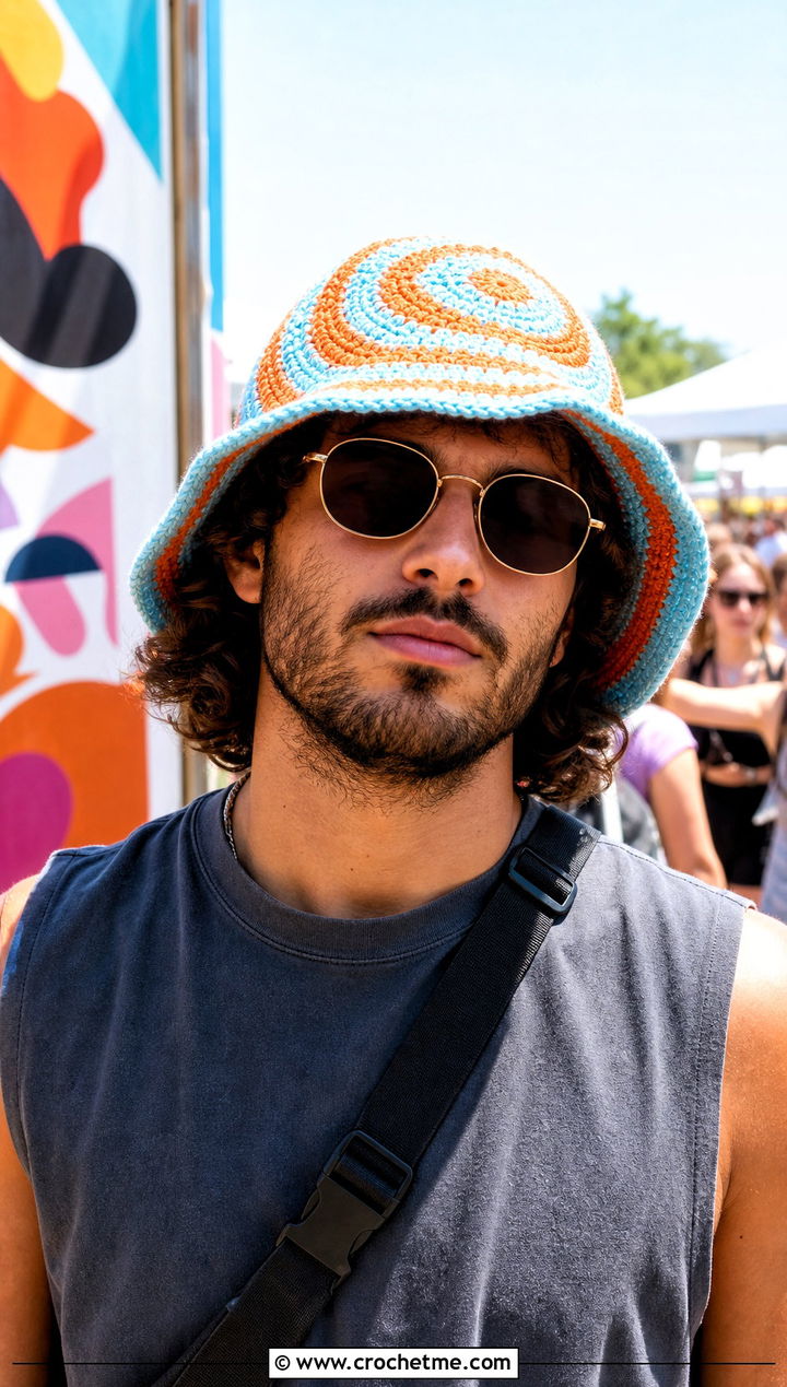 Swirl Crochet Bucket Hat With Festival Outfit - 30 men crochet hat outfit ideas