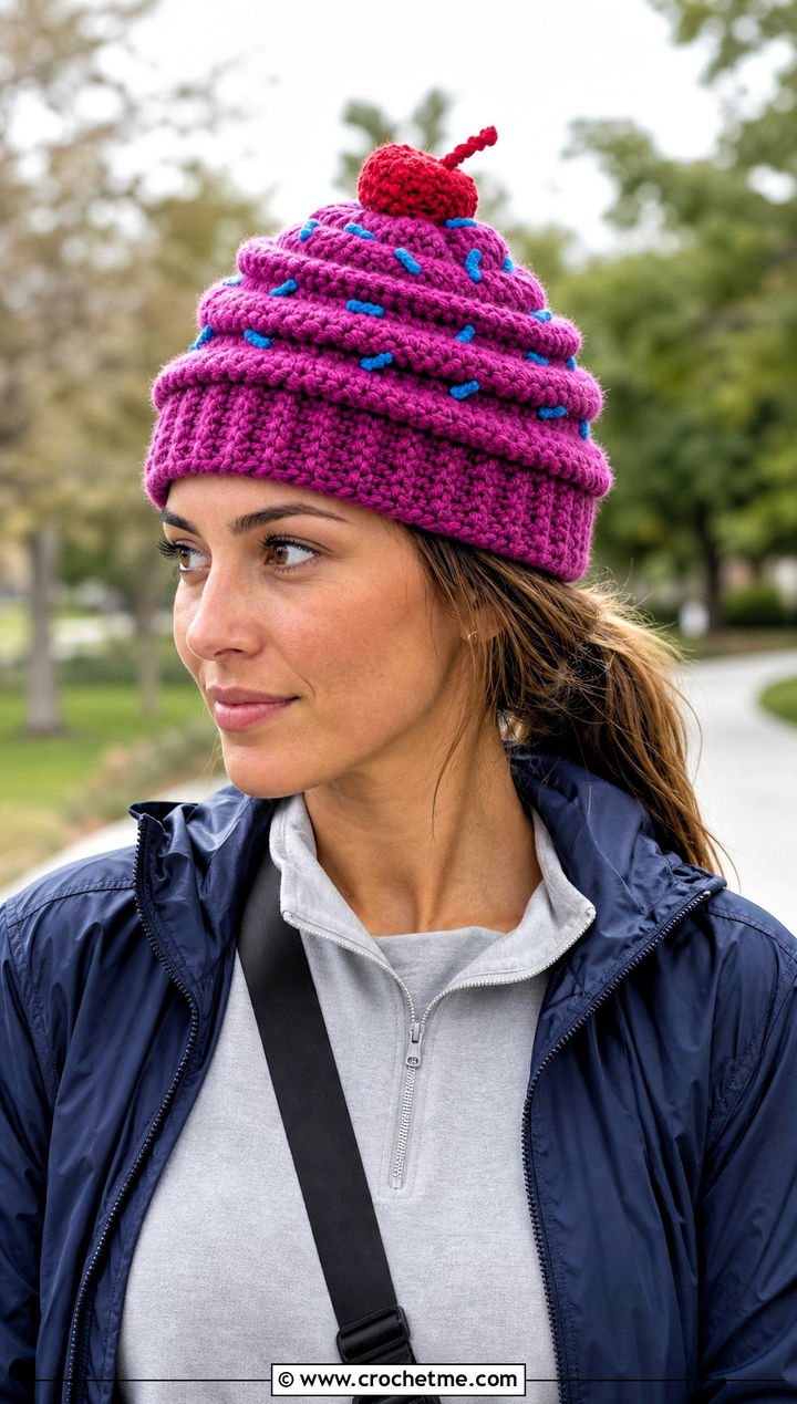 Swirl Top Crochet Cupcake Beanie With Track Pants - 15 Crochet Cupcake Beanie outfit ideas