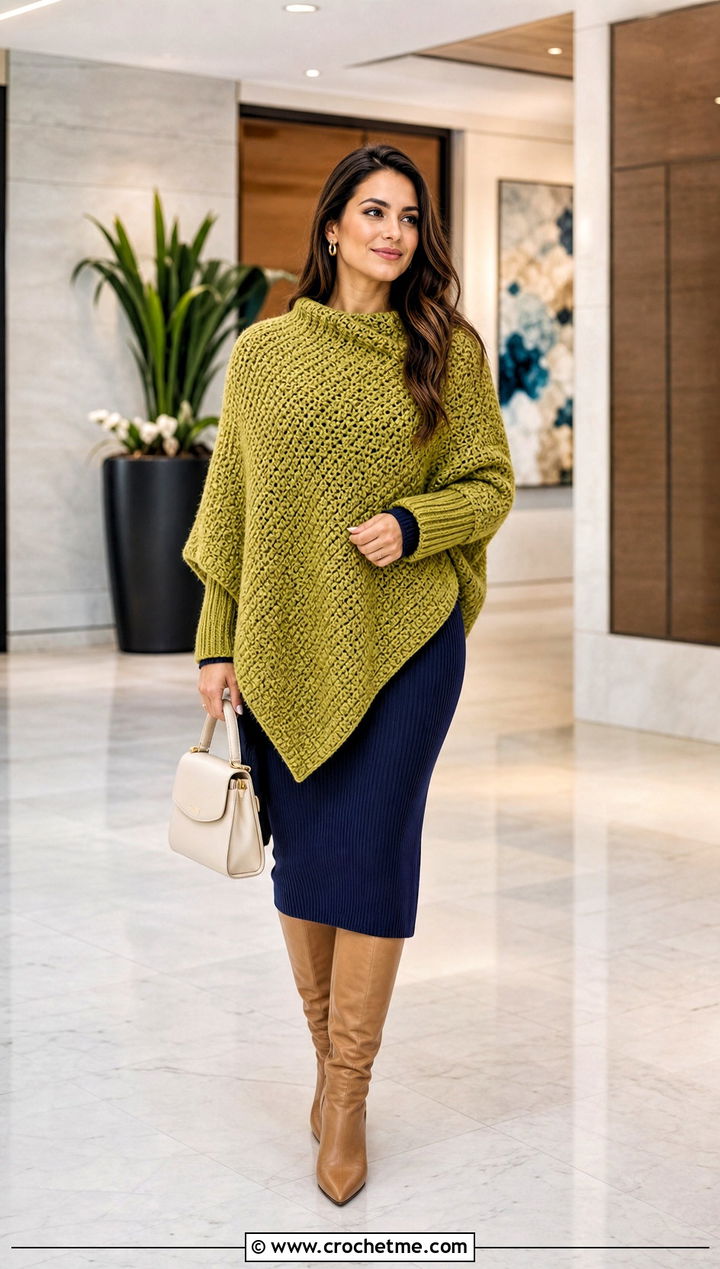 Swoncho Chunky Crochet Poncho With Midi Dress - 25 Chunky Crochet Poncho outfit ideas