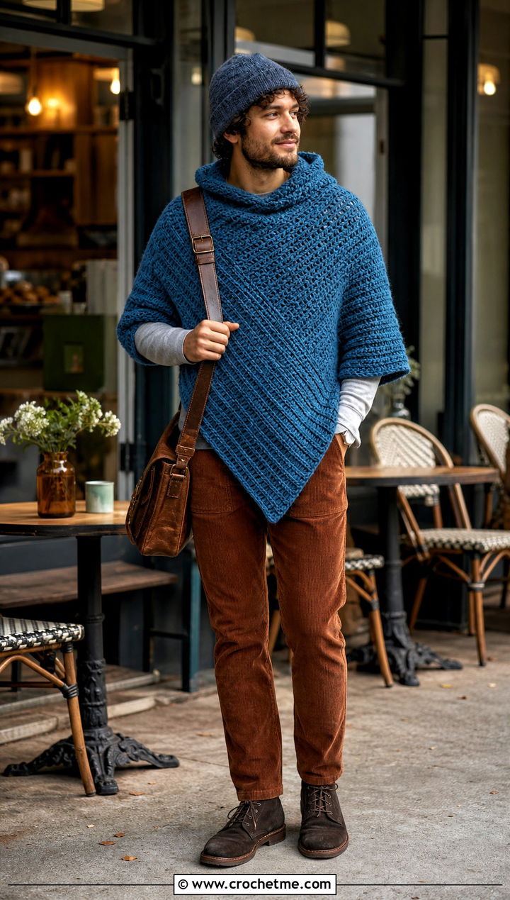 Swoncho Crochet Mens Poncho With Corduroy Pants - 25 crochet men's poncho outfit ideas