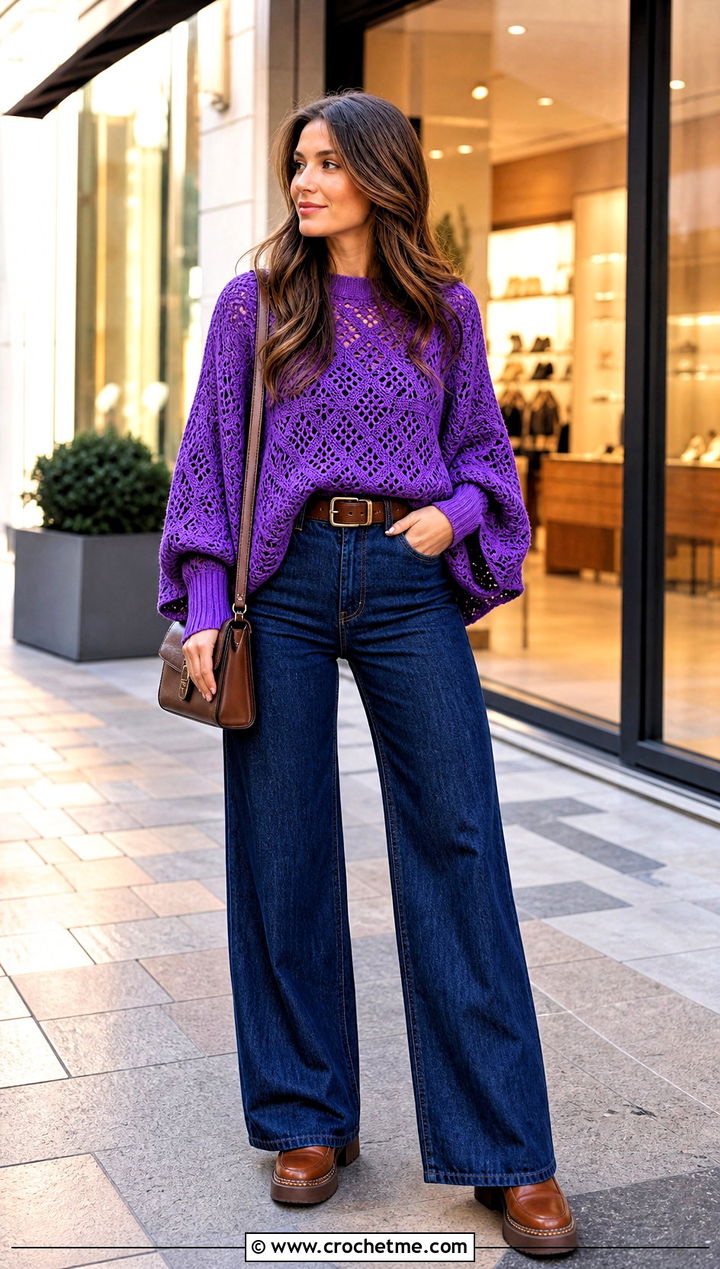 Swoncho Crochet Poncho Sweater With Wide Leg Jeans - 35 crochet poncho sweater outfit ideas