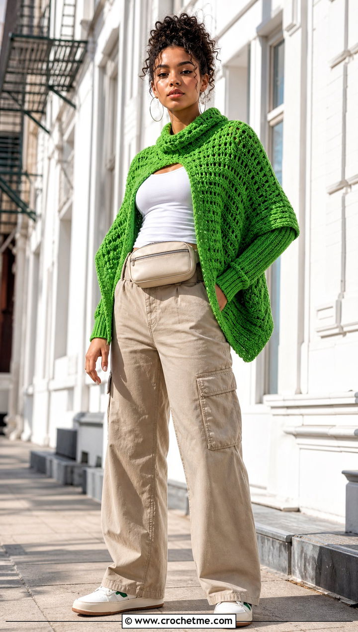 Swoncho Crochet Poncho With Cargo Pants - 25 ladies crochet poncho outfit ideas