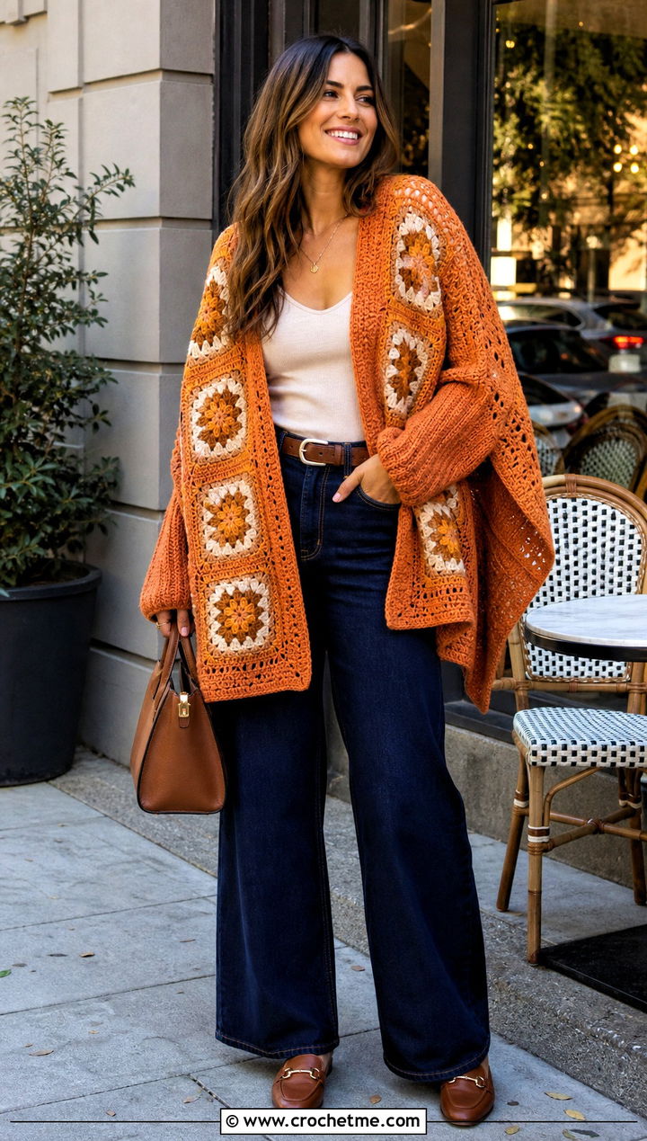 Swoncho Granny Square Poncho With Wide Leg Jeans - 15 easy granny square poncho outfit ideas