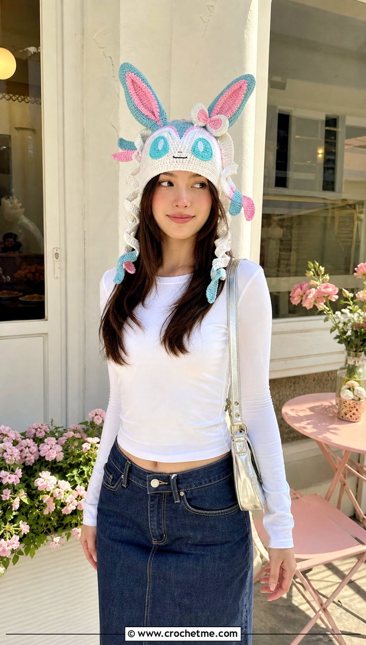 Sylveon Ribbon Beanie With Denim Midi Skirt - 30 crochet pokemon beanie outfit ideas