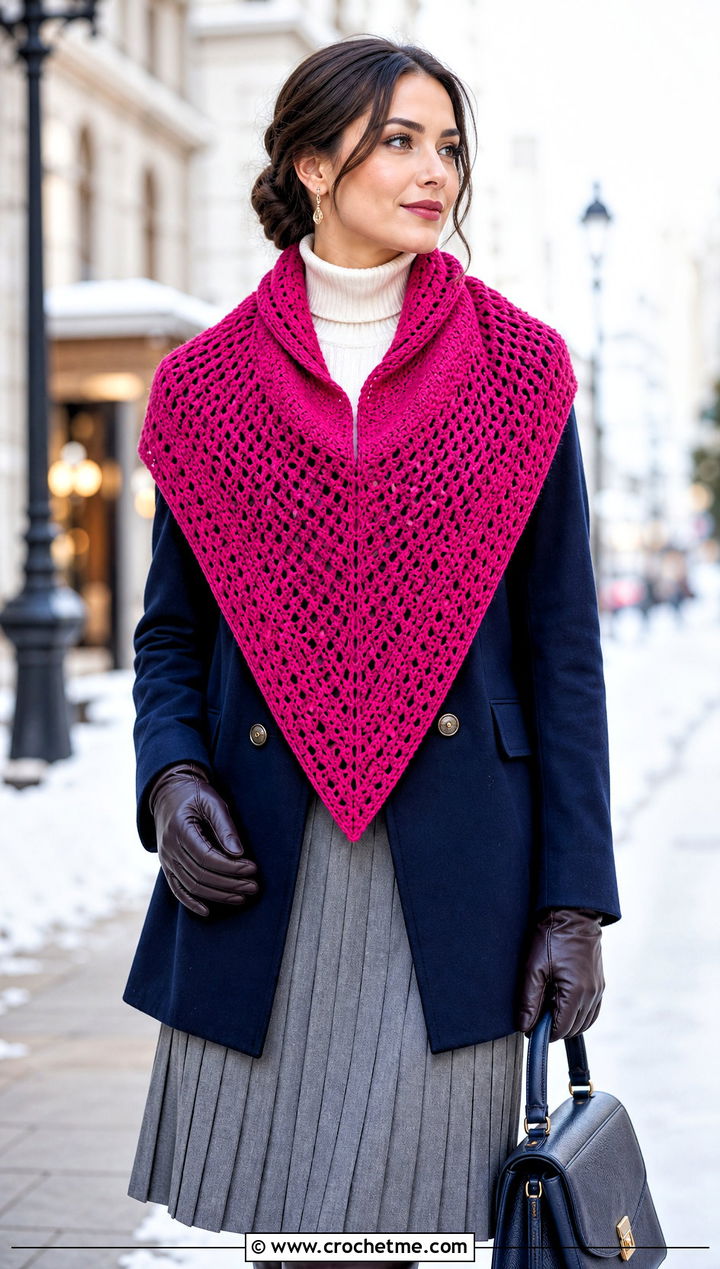 Symmetrical Tunisian Crochet Triangle Shawl With Peacoat - 25 Tunisian Crochet Triangle Shawl outfit ideas