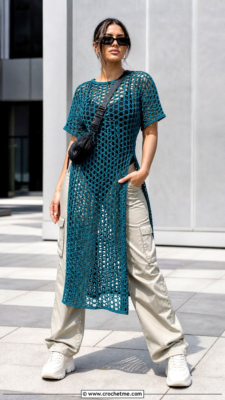 T Shirt Crochet Mesh Dress With Cargo Pants - 35 crochet mesh dress outfit ideas