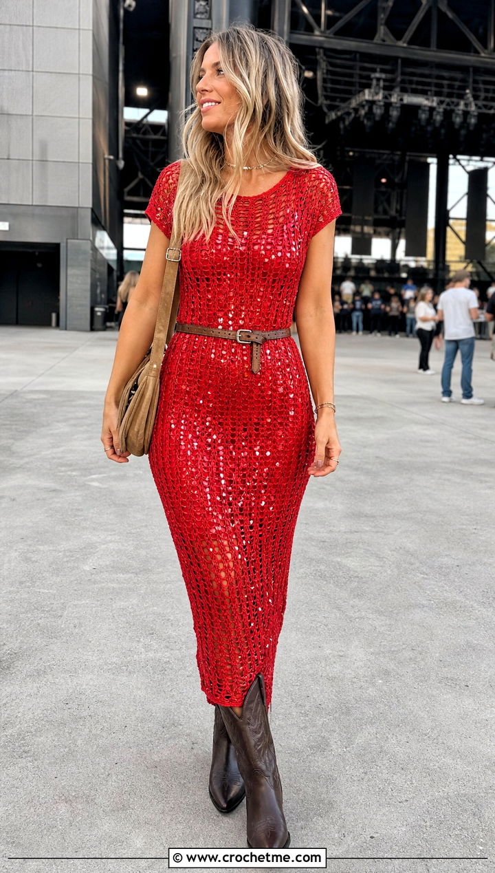 T Shirt Crochet Sequin Dress With Cowboy Boots - 35 crochet sequin dress outfit ideas