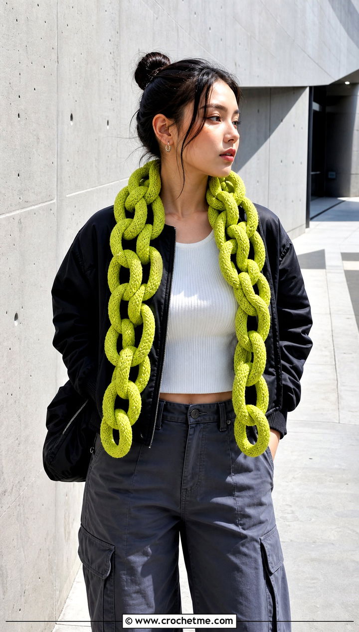T Shirt Yarn Chain Link Scarf With Cargo Pants - 25 Crochet Chain Link Scarf outfit ideas