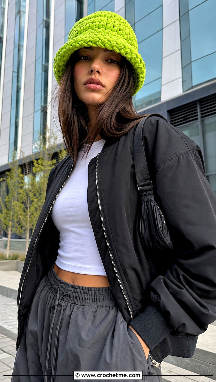 T Shirt Yarn Chunky Bucket Hat With Bomber Jacket - 30 crochet chunky bucket hat outfit ideas