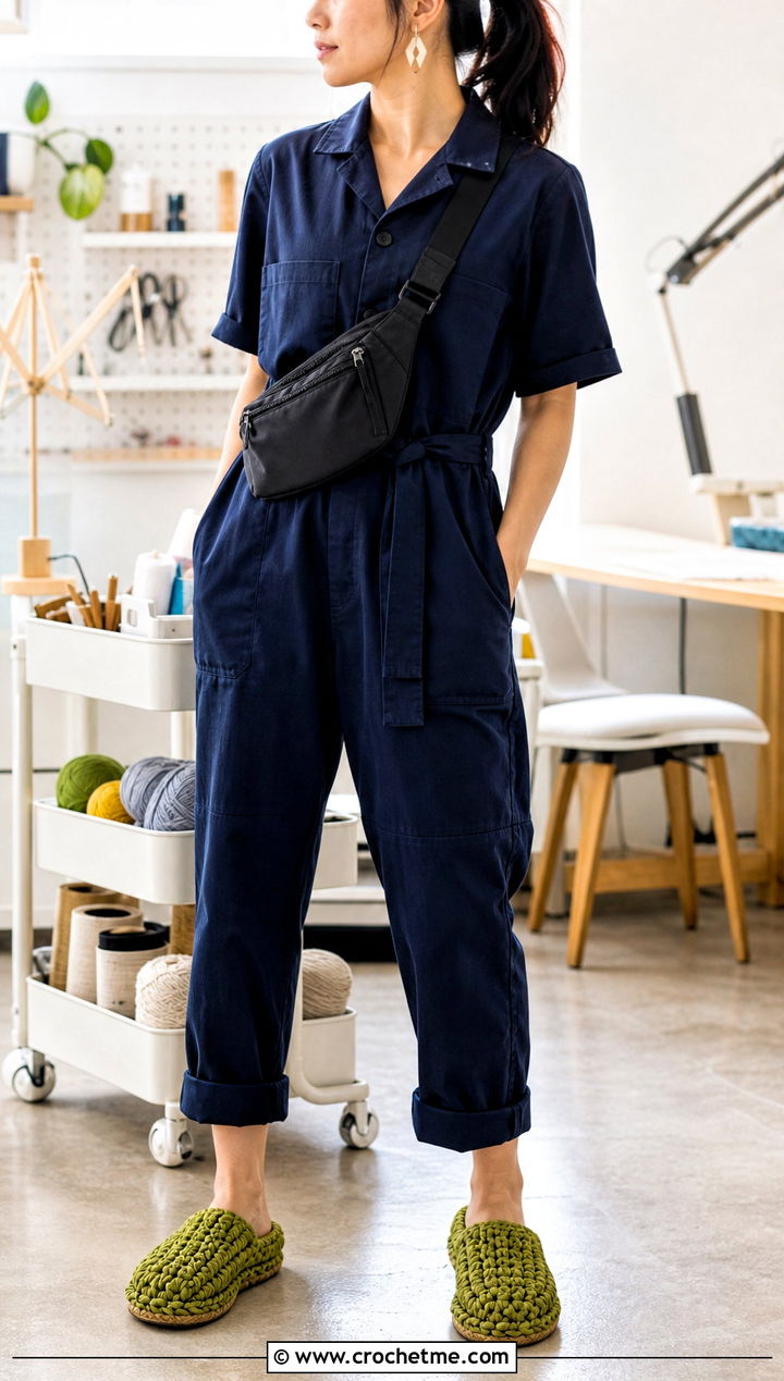 T Shirt Yarn Crochet Slippers With A Utility Jumpsuit - 35 easy crochet slippers outfit ideas