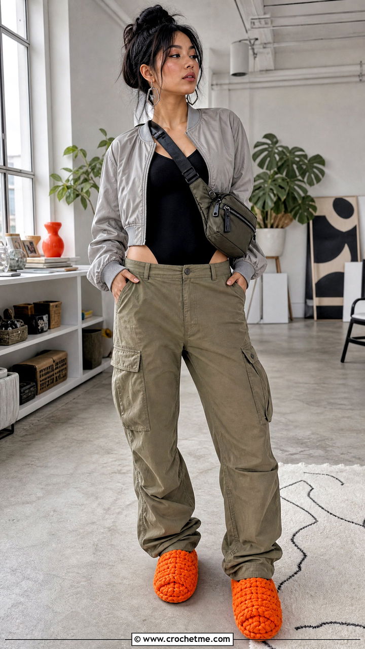 T Shirt Yarn Crochet Slippers With Cargo Pants and a Bodysuit - 35 easy crochet slippers adult outfit ideas