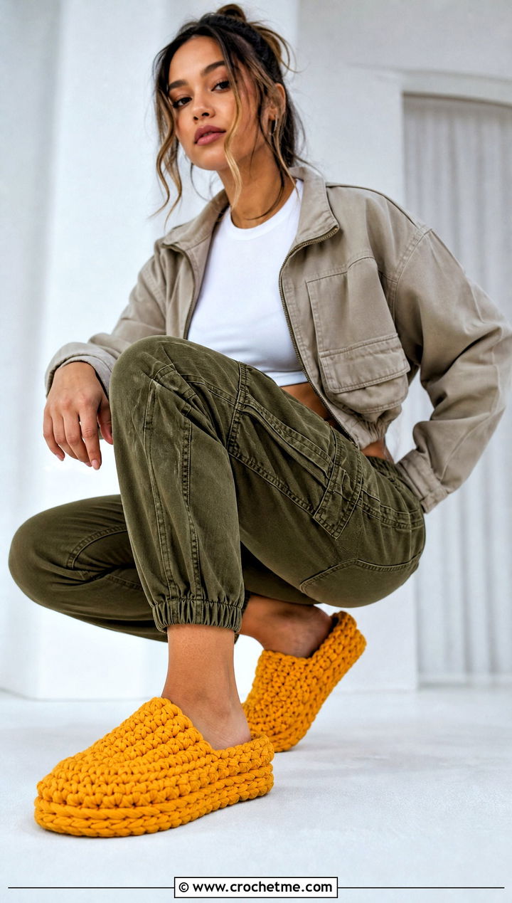 T Shirt Yarn Crochet Slippers With Cargo Pants - 25 Quick Crochet Slippers outfit ideas