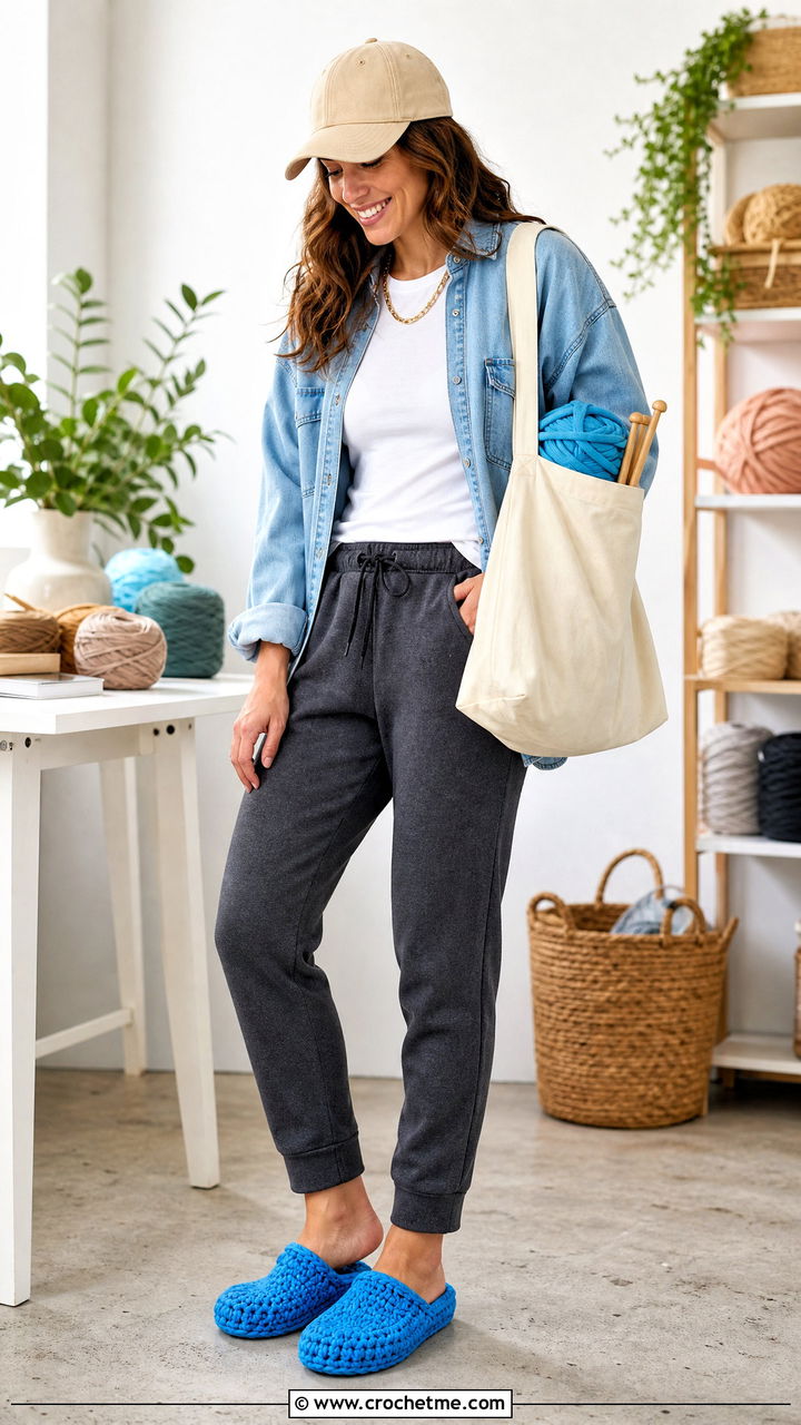 T Shirt Yarn Crochet Slippers With Weekend Basics - 35 crochet slippers outfit ideas