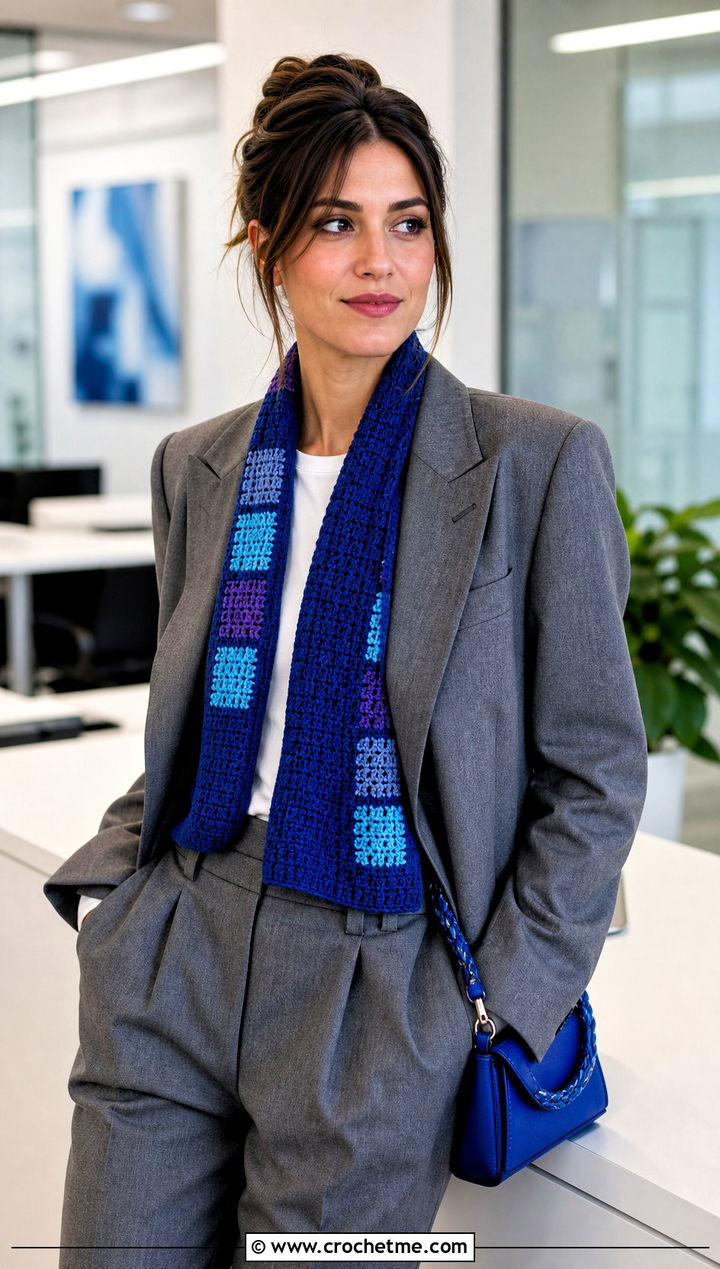 TARDIS Blue Doctor Who Crochet Scarf With Gray Suit - 25 Doctor Who Crochet Scarf outfit ideas
