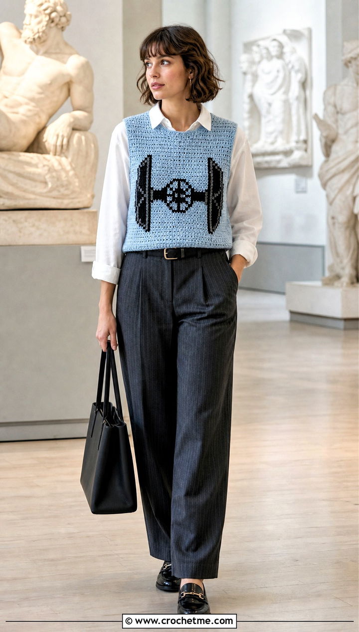 TIE Fighter Crochet Sweater Vest With Pinstripe Trousers - 25 Star Wars Crochet Clothes and outfit ideas