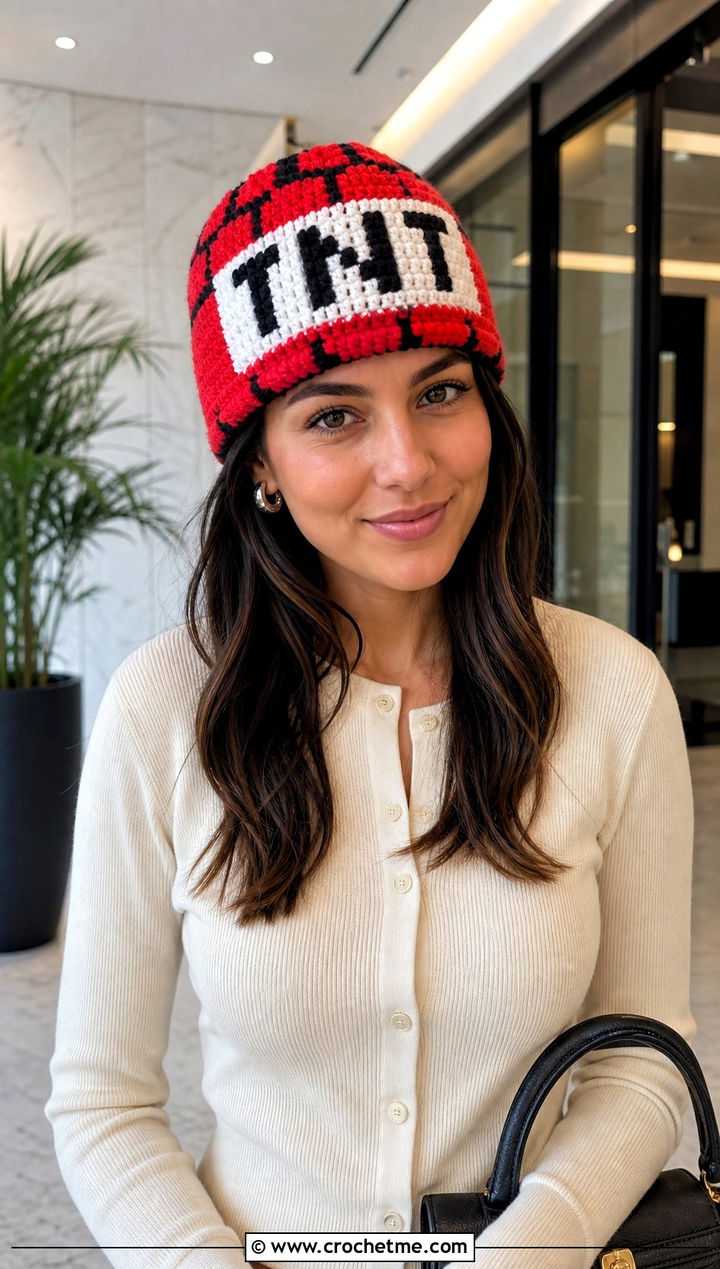TNT Pixel Beanie With Cardigan And Trousers - 20 Minecraft Crochet Hat outfit ideas