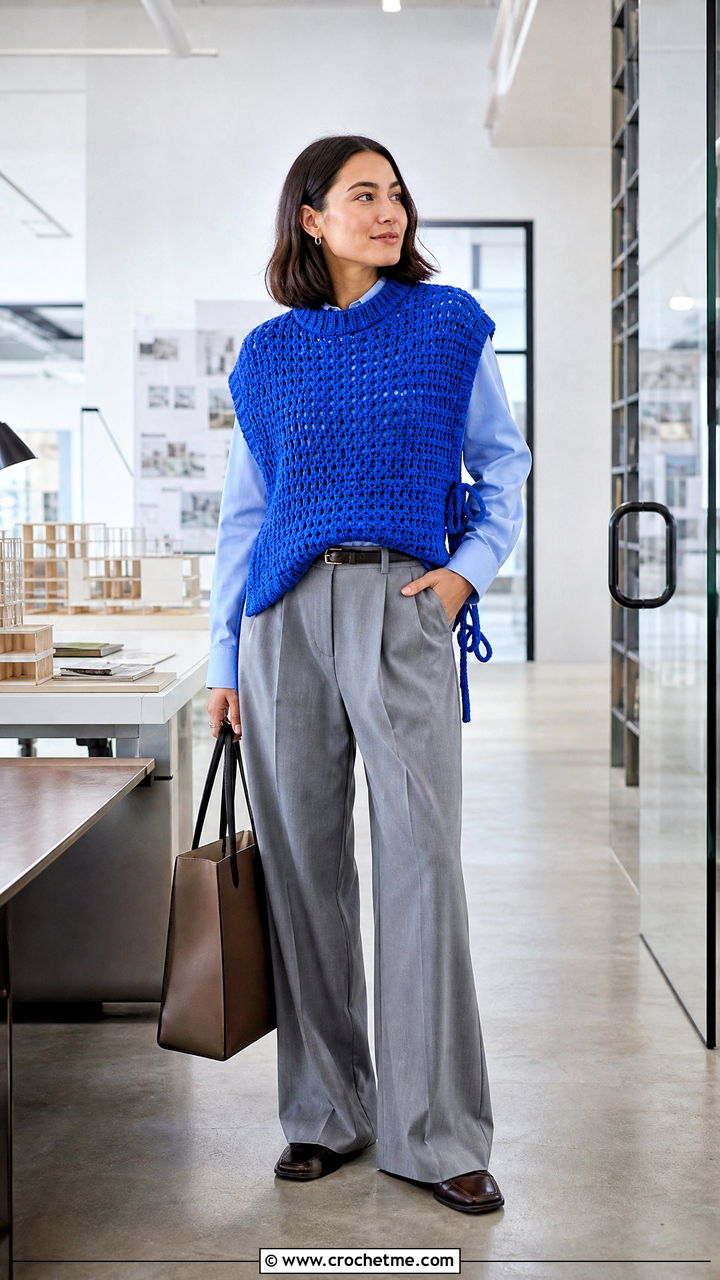 Tabard Crochet Poncho With Pleated Trousers - 35 crochet ponchos outfit ideas
