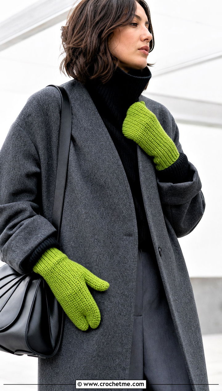 Tabi Crochet Mittens With Minimalist Coat - 25 cute crochet mittens outfit ideas