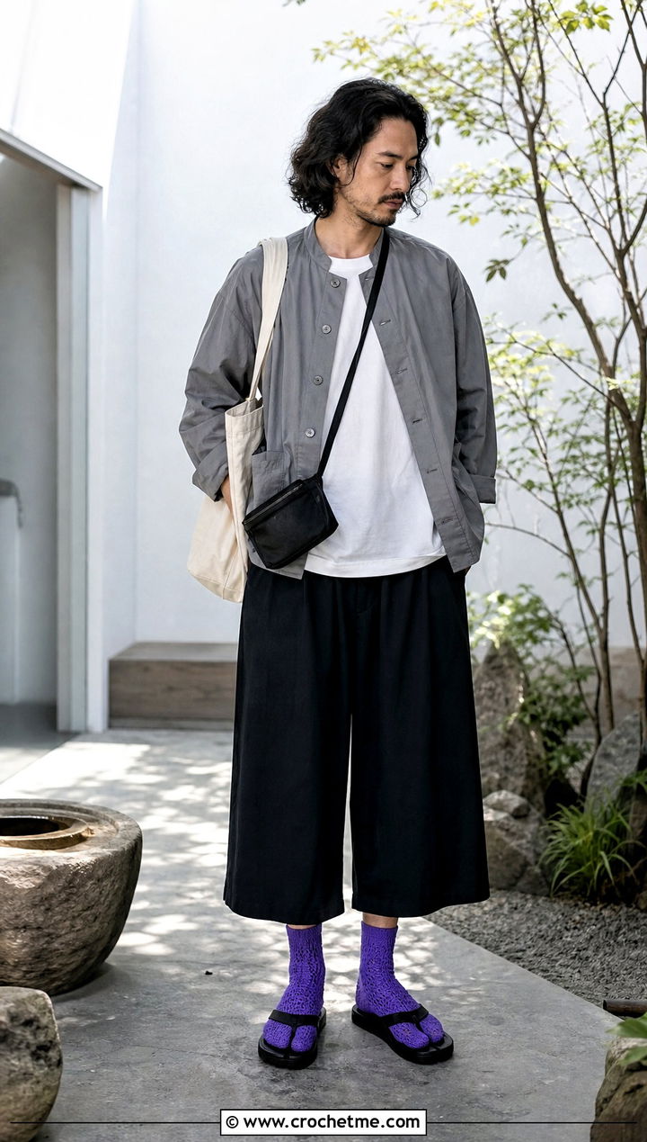 Tabi Crochet Socks With Japanese Inspired Outfit - 35 crochet socks for men outfit ideas