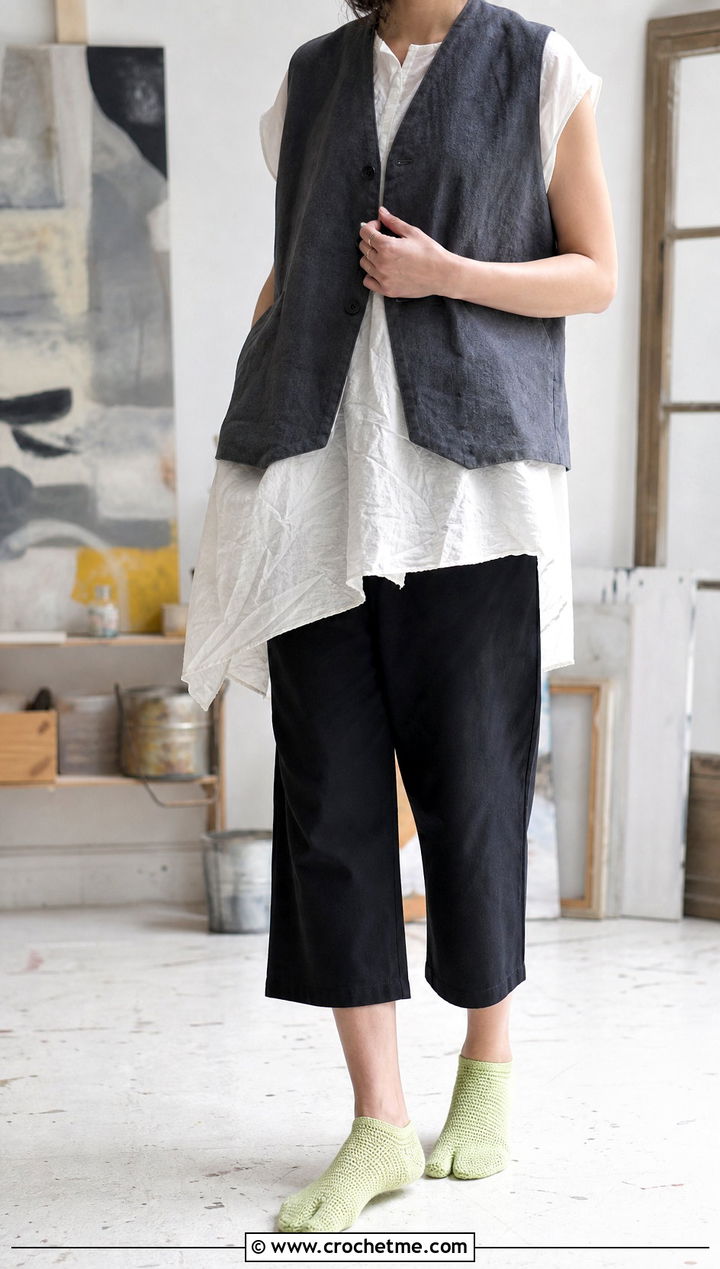 Tabi Flat Crochet Socks With Tunic And Cropped Pants - 25 flat crochet sock outfit ideas
