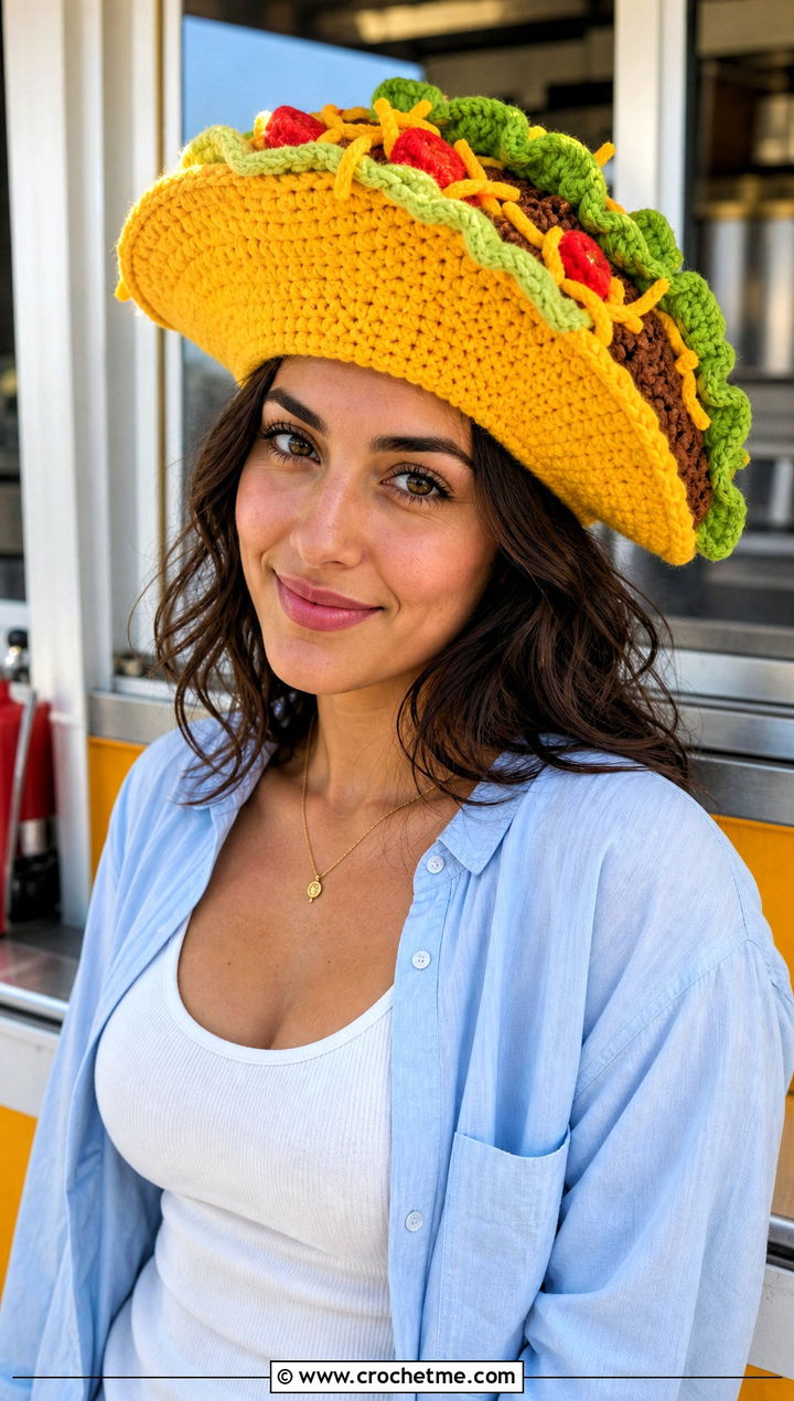 Taco Crochet Hat With Denim Shorts - 30 crochet funny hats outfit ideas