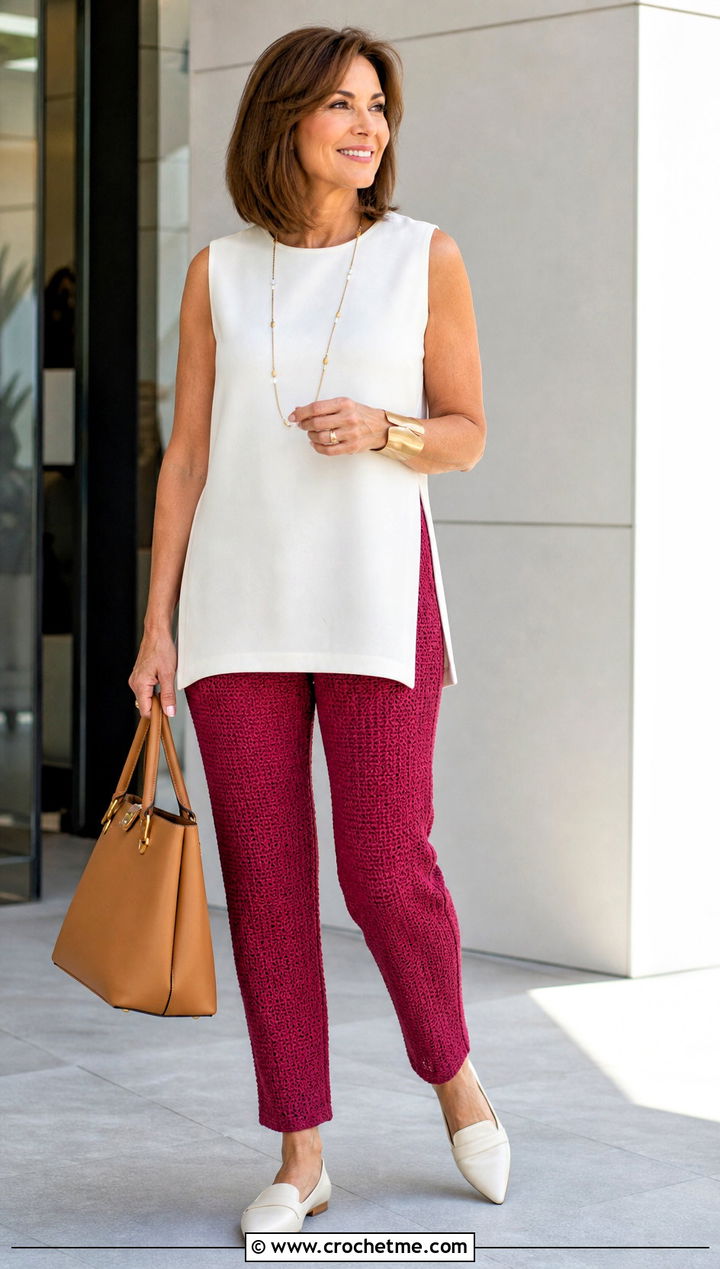 Tailored Crochet Cigarette Pants With A Sleeveless Tunic - 35 Summer Crochet Pants Outfit ideas