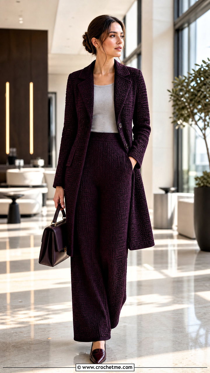 Tailored Crochet Coat With Matching Trousers - 35 crochet coats outfit ideas