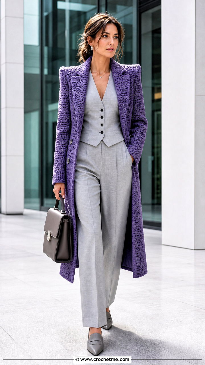 Tailored Crochet Longline Coat With Three Piece Suit - 35 crochet coat outfit ideas