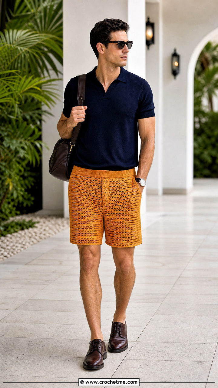 Tailored Crochet Mens Shorts With Knit Polo - 35 Crochet Mens Shorts outfit ideas