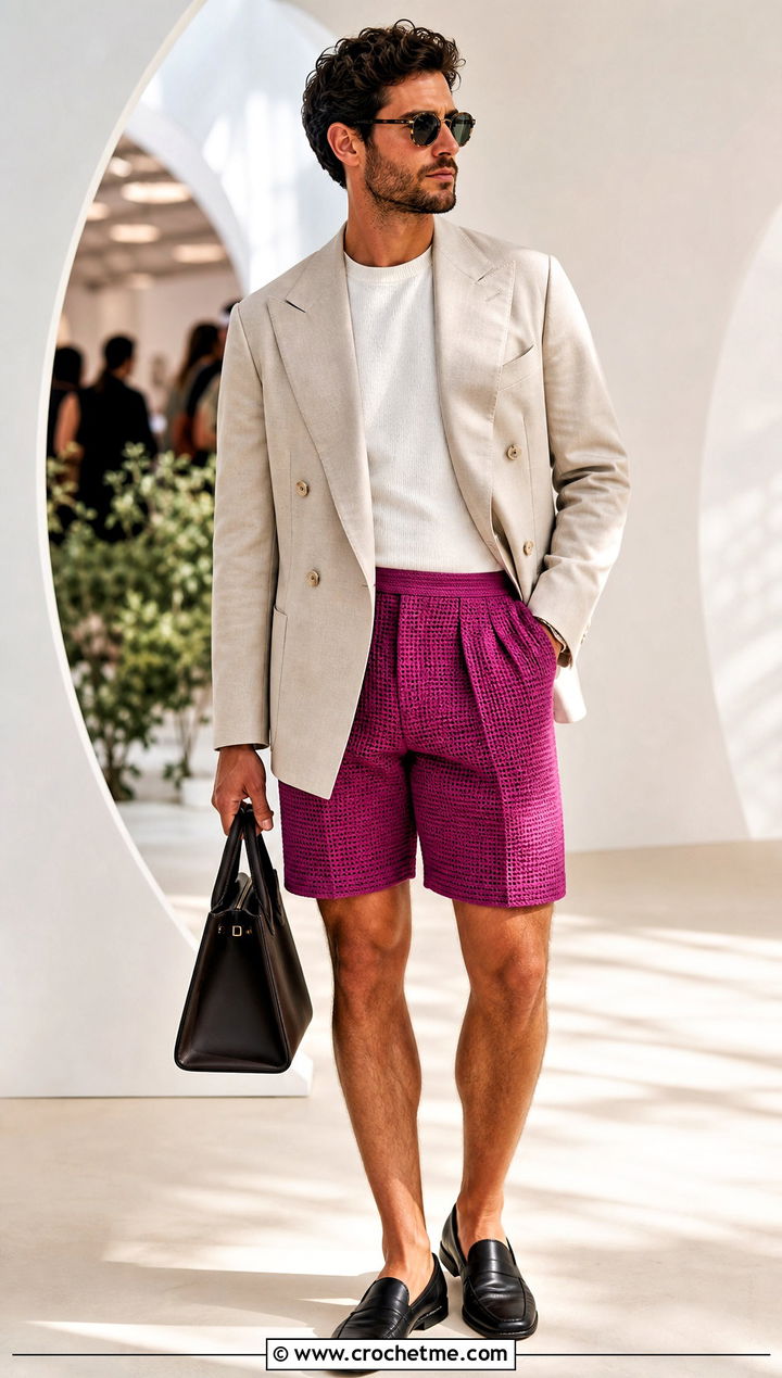 Tailored Crochet Shorts With Double Breasted Blazer - 25 Crochet Shorts Mens outfit ideas