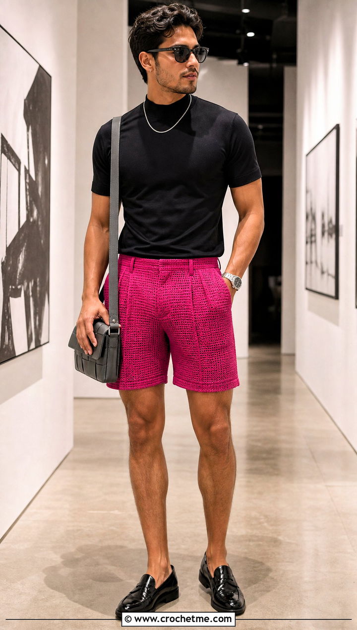 Tailored Crochet Shorts With Mock Neck Top - 15 mens crochet shorts outfit ideas