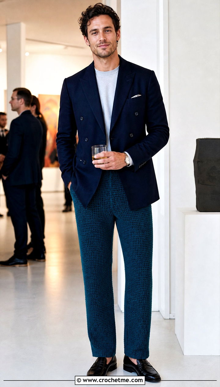 Tailored Crochet Trousers With Double Breasted Blazer - 35 crochet pants men outfit ideas