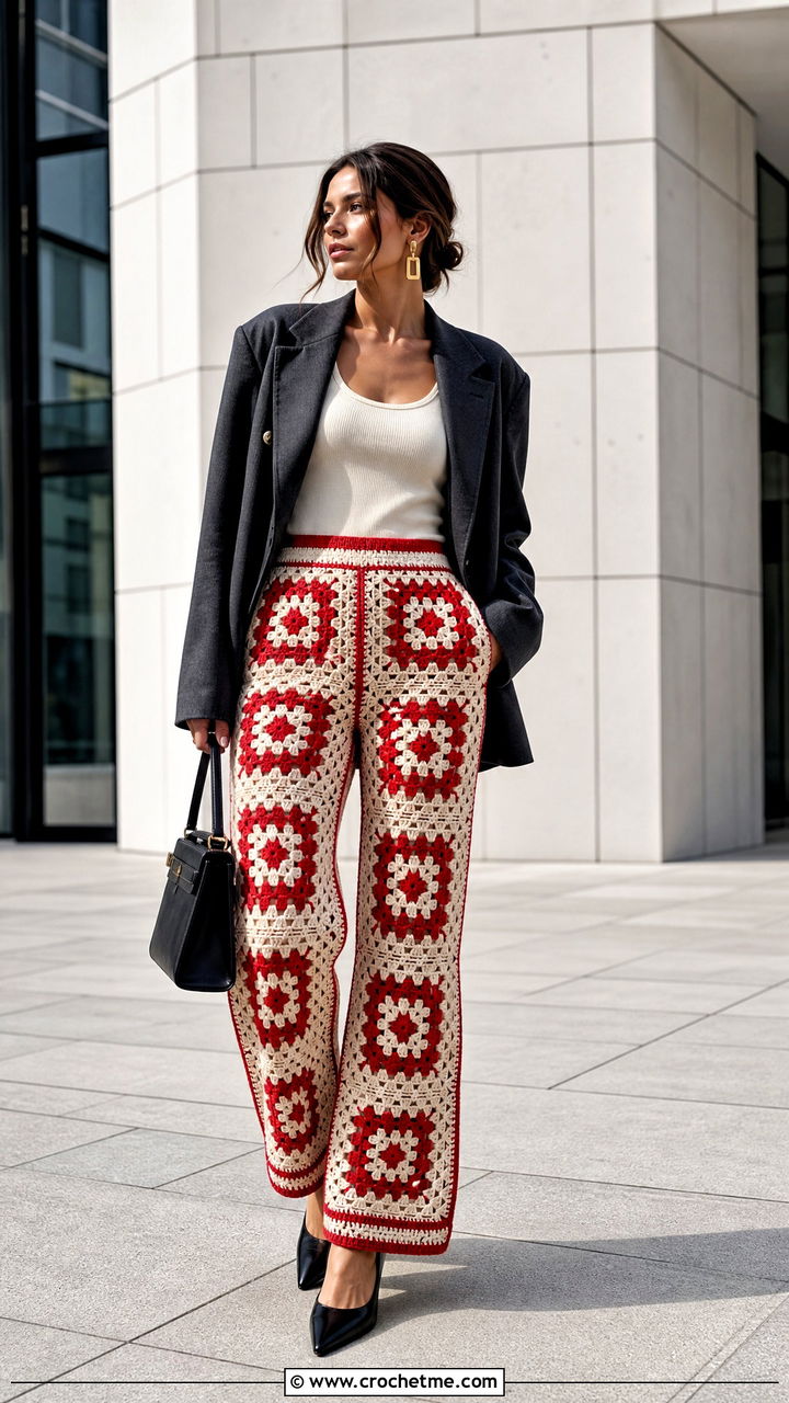 Tailored Granny Square Pants With Oversized Blazer - 35 granny square pants outfit ideas