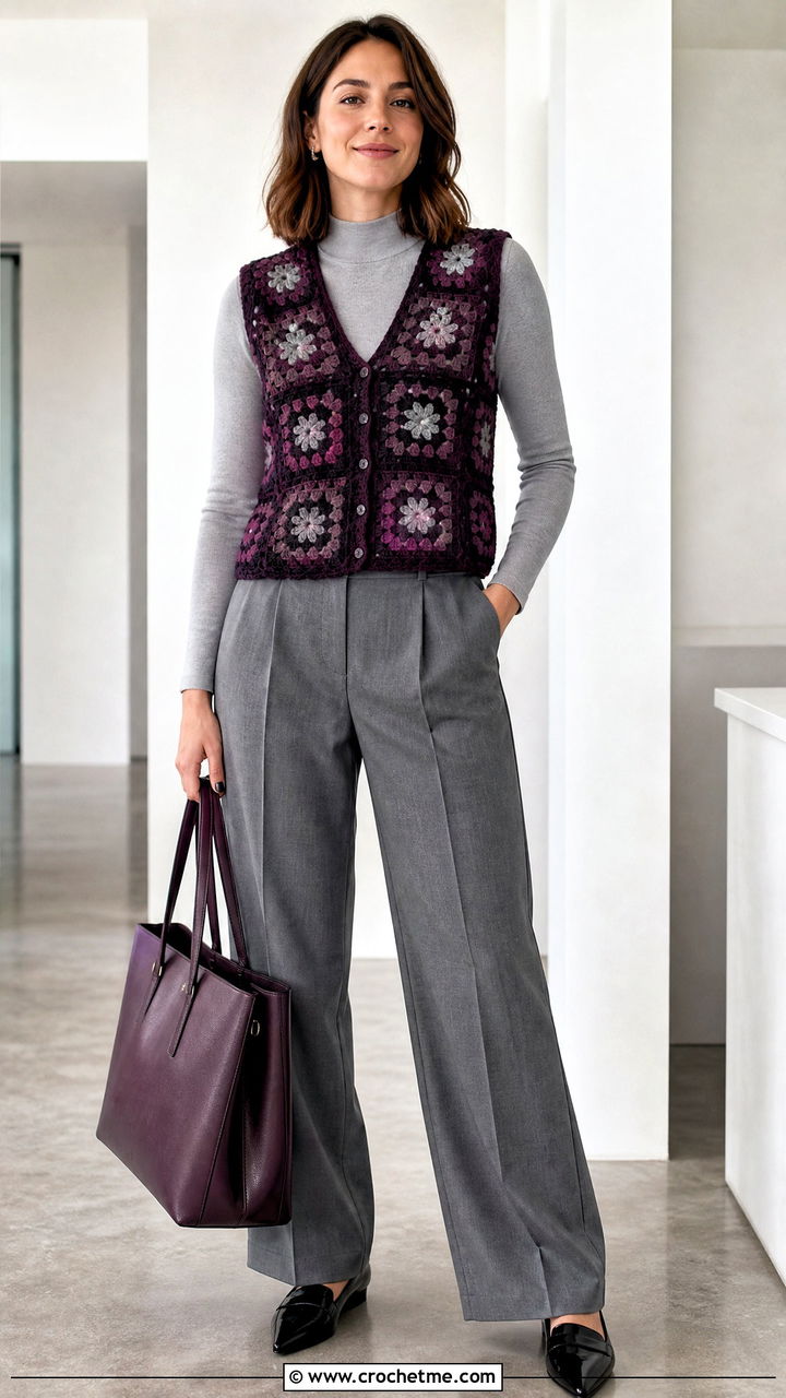 Tailored Granny Square Vest With Suit Trousers - 35 granny square crochet clothes and outfit ideas