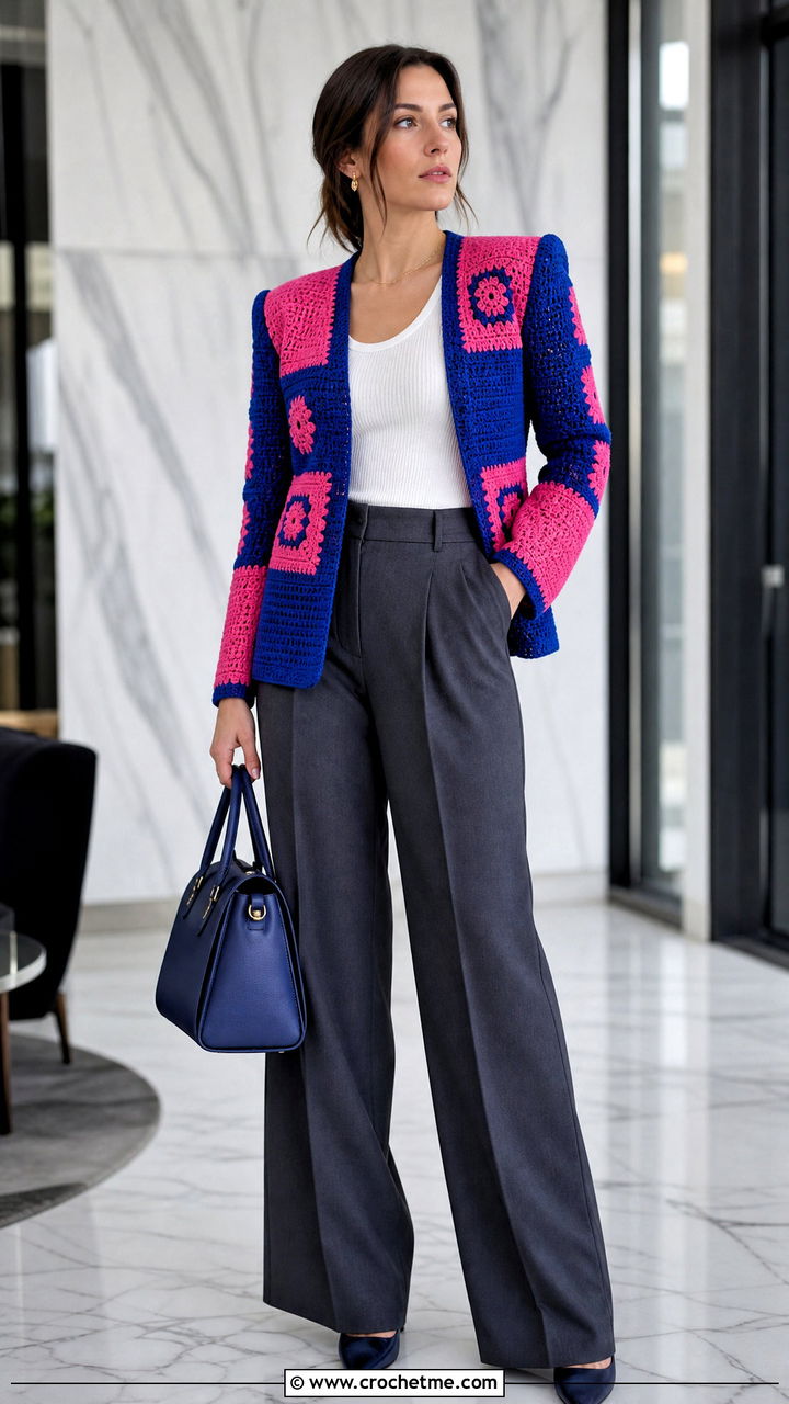 Tailored Patchwork Jacket Cardigan With Suit Trousers - 35 crochet patchwork cardigan outfit ideas