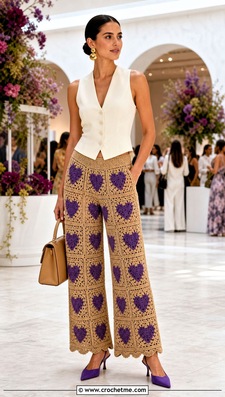 Tailored Waist Heart Granny Square Pants With Waistcoat - 30 heart granny square pants outfit ideas