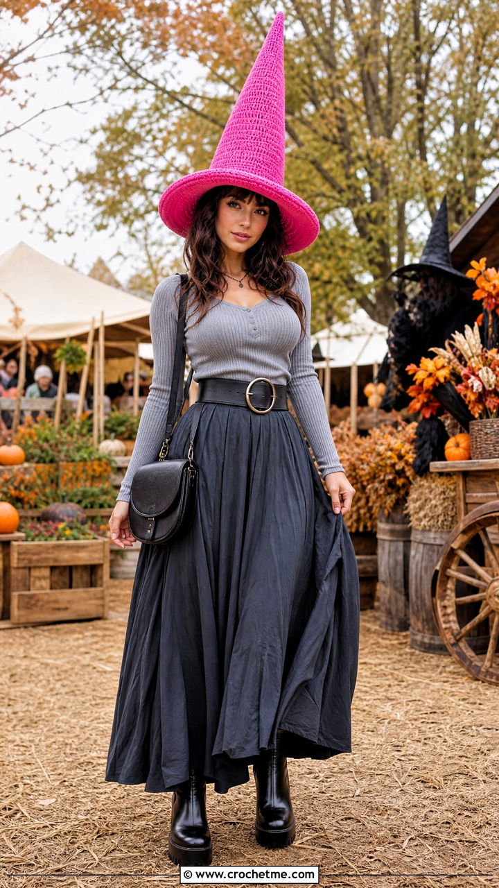 Tall Cone Crochet Witches Hat With Maxi Skirt - 35 crochet witches hat outfit ideas