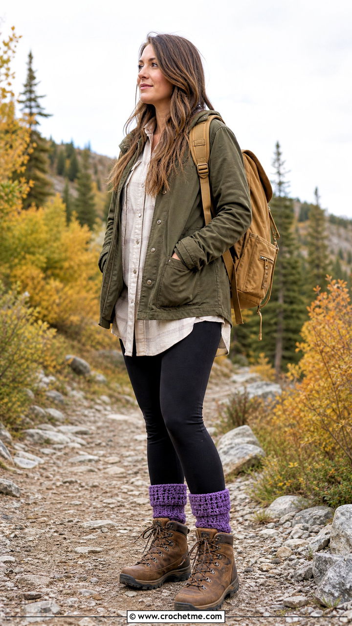 Tall Cuff Crochet Hiking Socks With Leggings And Field Jacket - 35 crochet socks outfit ideas