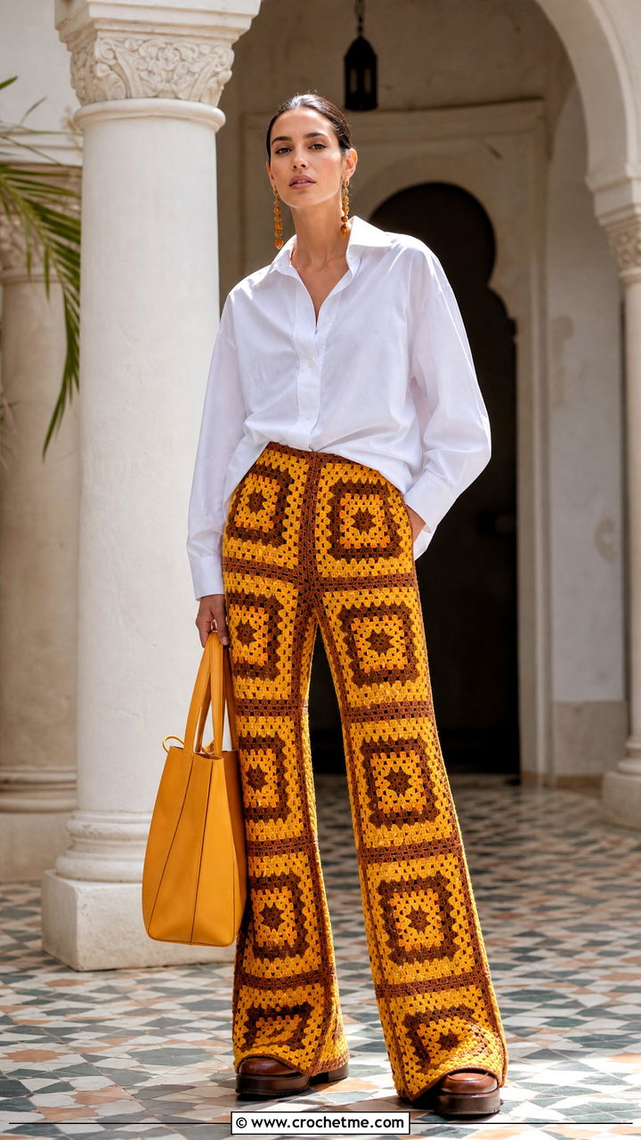 Tall Granny Square Pants With Oversized Poplin Shirt - 35 granny square pants outfit ideas