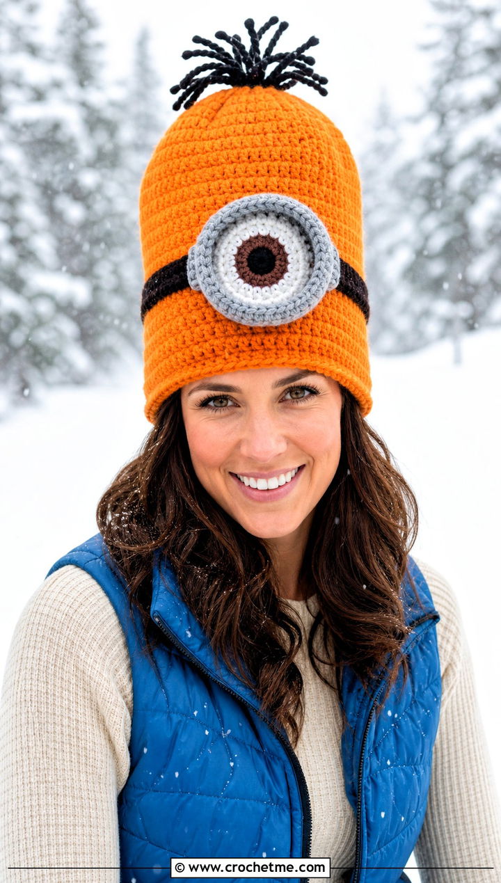 Tall Kevin Minion Crochet Hat With Puffer Vest - 15 Minion Crochet Hat outfit ideas