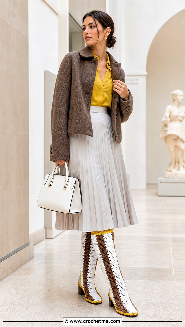 Tall Ribbed Crochet Boots With Pleated Midi Skirt - 15 white and brown crochet boots outfit ideas