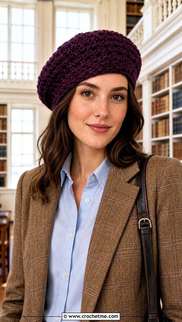 Tam Crochet Beret With Plaid Blazer - 20 crochet beret hat outfit ideas