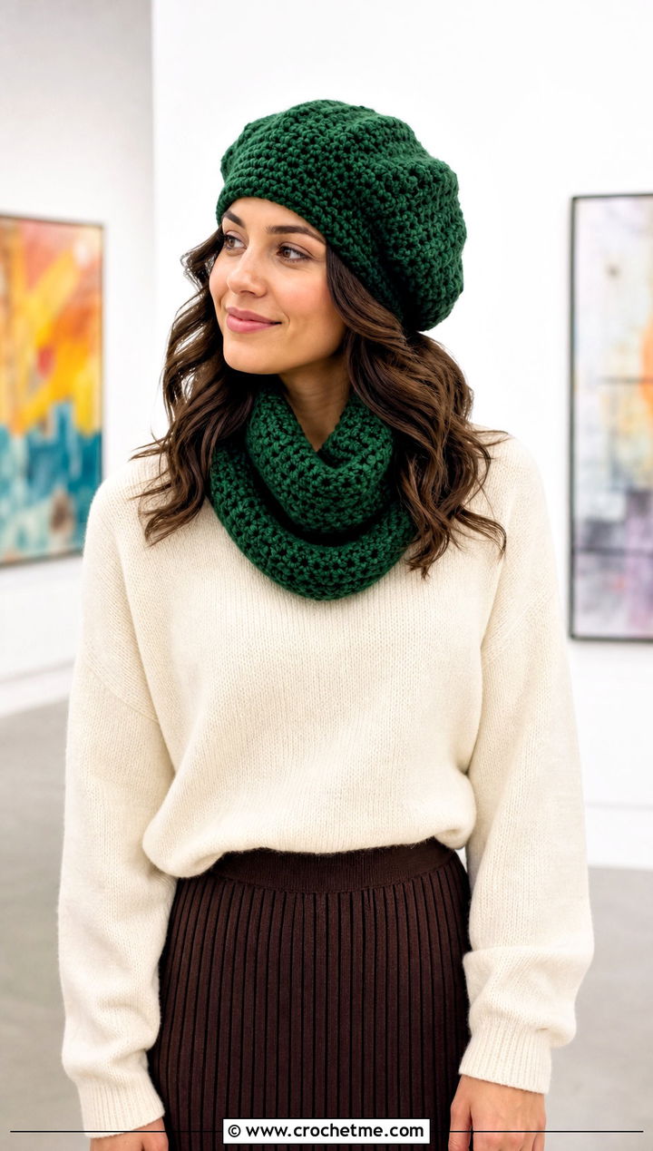 Tam Hat And Cowl Scarf With Sweater Skirt - 30 crochet hat and scarf outfit ideas